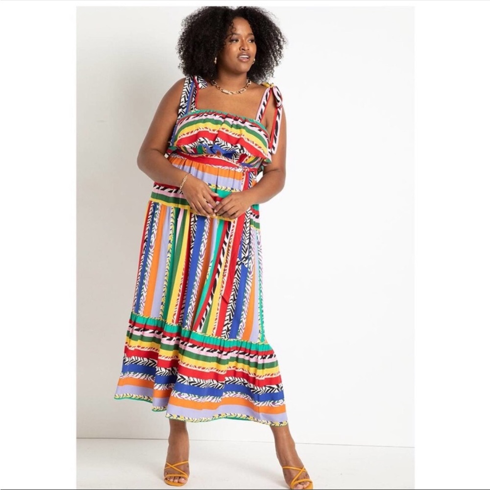 Nwt Eloquii Striped Ruffle Maxi Multi Color Dress… - image 1